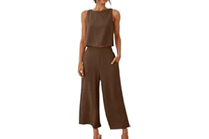 FUNALOE 2 Piece Outfits For Women Sleeveless Jumpsuits For Women Linen Sets For Women 2 Piece Wide Leg Pants For Women Round Neck Crop Basic Top Button Back Tops Women's Linen Trouser Suits With Pocket