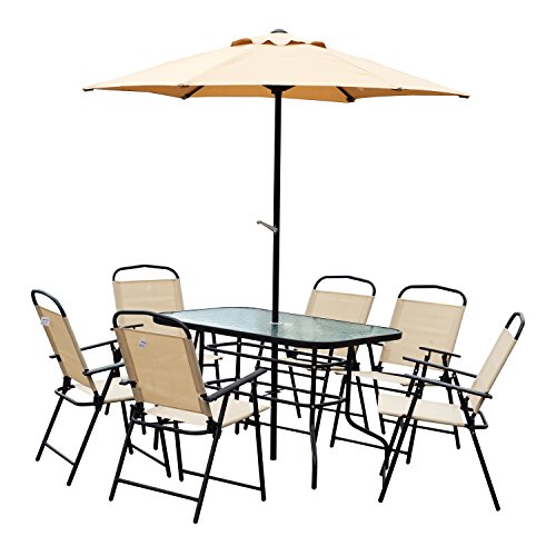 Outsunny Conjunto Muebles Mesa+6 Sillas Plegable+Sombrilla 8 Pcs Textilene Resistente Parasol Impermeable Acero