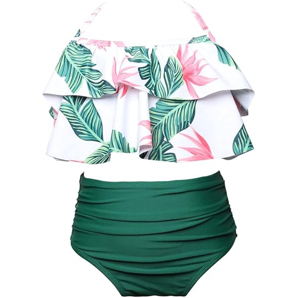 Maillot De Bain 2 Pièces Bébé Fille - Haut Manches Longues Anti-UV + Bas Volants - Imprimé Rayure Floral - Taille 0-8 Ans - Polyester