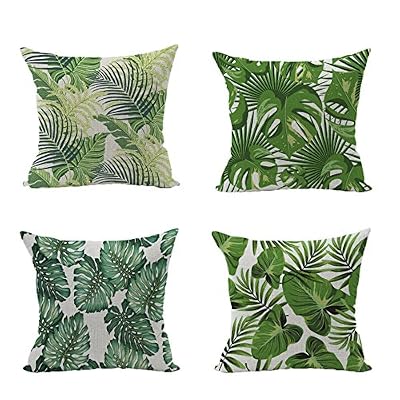 Hoomall Lot de 4 Tropical Feuilles Housses de Coussin Decoratif Lit linge Coton Oreiller Maison Carré Décor Taie d'Oreiller Sofa Housse de Coussin Décoratif Coton Lin 45x45cm