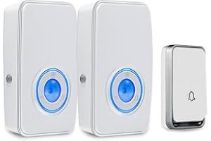 【Pas Besoin de Batterie】 Sonnette sans Fil Étanche AURTEC Carillon électronique, Kit de Carillon avec LED Bleu, Enfichable Sonnette, 51 Mélodies, 4-Niveaux Volume avec 2 Récepteur (Blanc)