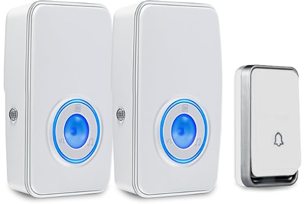 【Pas Besoin de Batterie】 Sonnette sans Fil Étanche AURTEC Carillon électronique, Kit de Carillon avec LED Bleu, Enfichable Sonnette, 51 Mélodies, 4-Niveaux Volume avec 2 Récepteur (Blanc)