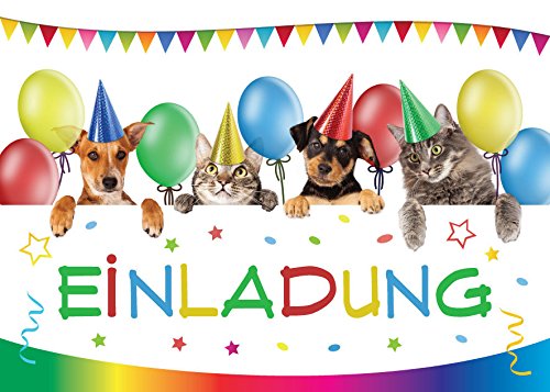 12 Einladungskarten zum Kindergeburtstag / Einladungen zum Geburtstag für Mädchen und Jungen "lustige Katzen und Hunde"
