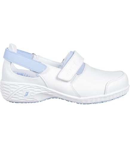 Oxypas Arbetsschuhe aus Leder - SALMA - Sicherheitsclog für Damen, rutschfeste und Bequeme Schuhe ideal für Krankenhaus und Pflege, Weiss Blau, 36 EU