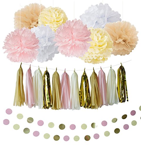20 Stück weiß creme pink Tan Babyparty Deko Party Deko-Set mit Seidenpapier Quaste Girlande Seidenpapier Blume Kreis Girlande für Rustikal Hochzeit Baby Dusche, Geburtstag, Kinderzimmer Dekoration - 4