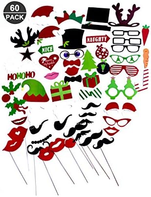 60 Pcs Christmas Photo Booth Props Mustache Glasses Lips Hat Party Props DIY Kit for Wedding, Chiristmas, Birthday, Family Reunions, Graduation, Hen Night Do Party and Any Other Festival and Parties