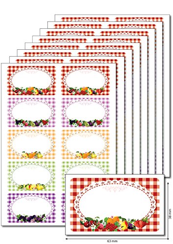 80 Etiketten 'Früchte bunt kariert' zum Bedrucken, Beschriften, DIN A5, selbstklebend, leicht ablösbar, für Einmachgläser, Gebäcktüten, Geschenke