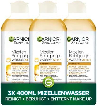 Garnier Mizellen - Set di 3 acquose per la pulizia del viso per il trucco impermeabile - rimozione rapida ed efficace del trucco per viso, labbra e occhi, set da 3