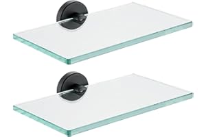 JQK Bathroom Glass Shelf Black, Tempered Glass Shower Storage 8 by 5 inches, 304 Stainless Steel Matte Black Wall Mount 2 Pack, TGS101L8-PB-P2