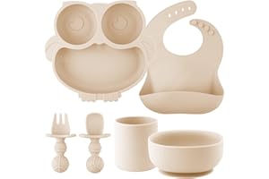 NOHLERLIFE Kinderteller Sets Silikon 6 Stücke, Geschirr Rutschfest mit Saugnapf BabyTeller, Schüssel, Einstellbar Lätzchen, Tasse, Löffel Gabel, BPA Freie Spülmaschine und Mikrowelle Safe (Natural)