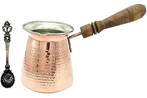 LEO Design Turkish Coffee Pot 5 Sizes, Coffee Maker Greek Arabic Stovetop Thick 3mm Solid Hammered Handmade Engraved Copper Cezve Ibrik Briki with Wooden Handle for 2-8 People (6 Cup / 500 ml)