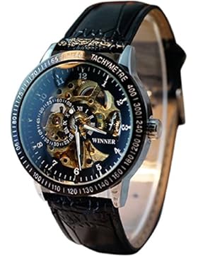 uhr herren Koly Automatic Watch Self-winding Skeleton Mechanical Leder black