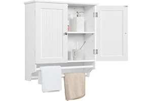 Yaheetech Mobile Bagno da Parete Pensile Sospeso Armadietto Armadio con 2 Ante e Ripiano Regolabile Asta Porta Asciugamani Salvaspazio per Cucina 60,5 x 22,5 x 64 cm Bianco