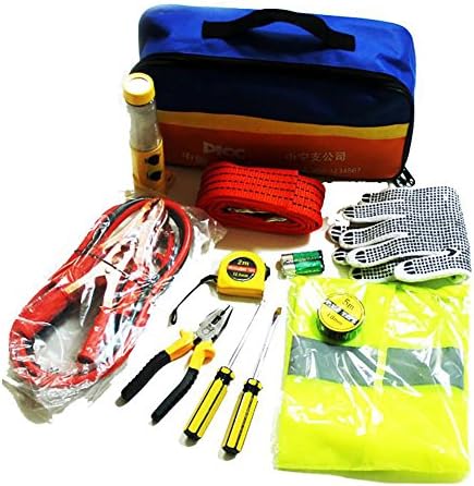YHFXD Car Auto Emergency Safety Tool Kits Travel Set 12-In-1 Multifunctional Roadside Assistance With Jumper Cables, Tow Rope,4-In-1 Safety Hammer,Storage Bag Etc