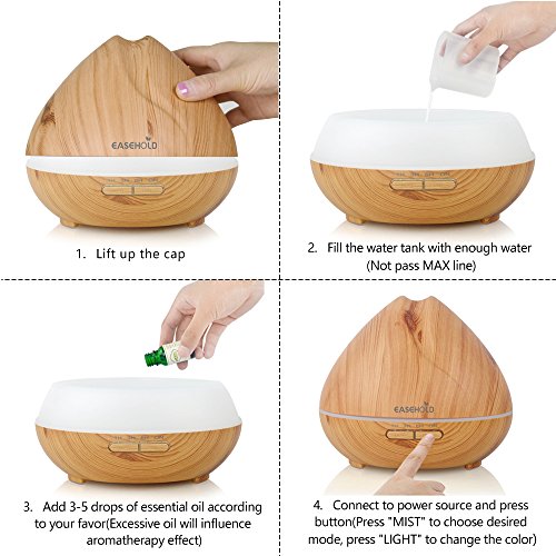 EaseHold Aroma Diffuser 400ML Leise Kalten Nebel Luftbefeuchter Ultraschall Oil Düfte Humidifier Holzmaserung LED mit 7 Farben Elektrisch Duftlampe Humidifier LED Licht für Babies Kinder Haus Yoga Schlafzimmer Wohnzimmer Büro Duftlampe (400ml, Gelb) - 4