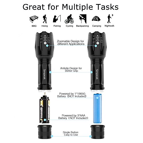 Taschenlampe LED Flashlight, Simpeak Tragbare taktische T6 LED Handheld-Taschenlampe Rotierende Fokus-Fackel, 5 Beleuchtungs-Modi, Zoomable, Wasserdicht, Schwarz - 6