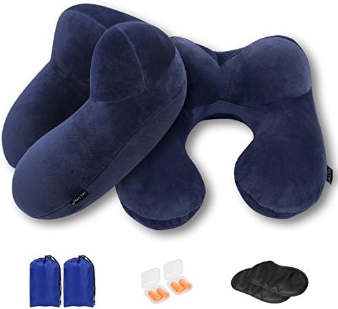 MLVOC Neck Pillow U Shaped Inflatable Travel Pillow for Neck Supporting Lightweight for Sleeping on Airplanes, Car, and Train Includes EarPlugs, EyeMask and Drawstring Bag, Pack of 2