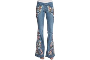 Sanahy Bell Bottom Jeans for Women Flared Floral Embroidered Jean Plus Size Wide Leg Denim Pants Low Rise Flare Leg Jeans for Women