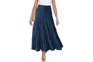 IWEMEK Women Summer Boho Maxi Skirt Ruched Elastic High Waist Casual Ruffle Flowy Swing Tiered Pleated A-Line Holiday Casual Gypsy Vintage Long Skirts Full Length