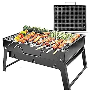 GREEVA Folding Portable Outdoor Barbeque Charcoal BBQ Grill Oven Black Carbon Steel, Black