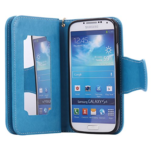Galaxy S4 Hülle,Galaxy S4 Schutzhülle,Galaxy S4 Leder Hülle,ikasus® Prägung Floral Blumen Mädchen und Katze Vögel Muster PU Lederhülle Flip Hülle im Bookstyle Cover Schale Slim Fit Soft Silikon Magnetverschluss Schutzhülle PU Leder Hülle Flip Wallet Case Kunstleder Tasche Cover mit Standfunktion und Kartenfächer Tasche Wallet Case für Samsung Galaxy S4 i9500 – Mädchen und Katze:Blau - 2