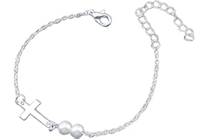 Yienate Unique Tiny Cross Pearl Bracelets Chain Silver Hand Chain Hand Harness Dainty Pearl Link Cross Slave Bracelets for Women and Girls