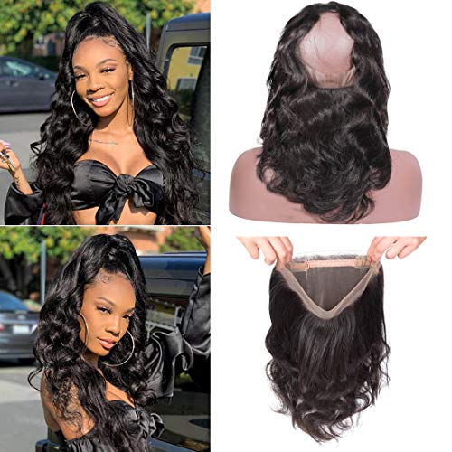 360 Cierre de encaje con pelo de bebé Onda brasileña del cuerpo Onda del pelo Pelo humano remy 360 Cierre frontal de encaje Parte libre Color negro natural (12 pulgadas)