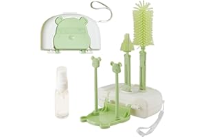 EMTSEB 7 in 1 Bottle Cleaning Brush Set with Silicone Bottle Brush, Straw Brush, Nipple Brush, Soap Dispenser, Storage Box, Drying Rack for Baby Bottle (Green)