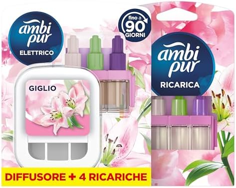 Ambi Pur 3Volution Profumatore per Ambienti, Diffurore Elettrico e 4 Ricariche, Fragranza Giglio, tecnologia Elimina Odori, Fino a 90 Giorni di Profumo per Ricarica