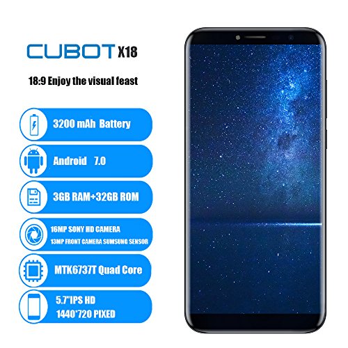 4G LTE Smartphone in offerta-Cubot X18 Unlocked(2017),Proporzione18:9 Schermo HD da 5.7 pollici,Android 7.0 Telefonia Mobile,Fotocamera Doppia 13MP + 16MP,scheda quad core 3GB RAM 32GB ROM,3200mAh