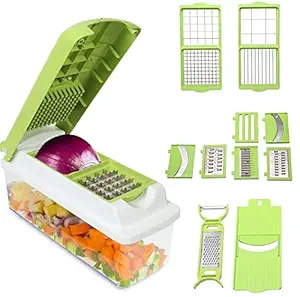 Midox Plastic 13 in 1 Multipurpose Vegetable and Fruit Chopper, Dicer Cutter Grater Slicer for Kitchen with High Grade Quality, Green