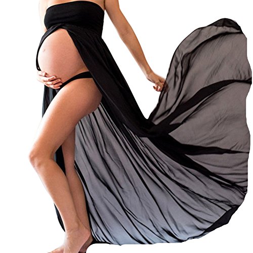 ESAILQ Femme Enceinte Robe en Mousseline Sexy Grossesse Femme Bandeau Robe pour Maternité Photo Shoot (Noir, M)