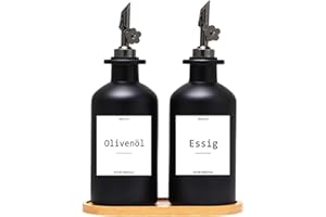 BIKALAN Essig und Ölflaschen Set, 350ml x 2 Ölflasche, Olivenöl Flasche Set, Ölspender, Automatisches Öffnen und Schließen Olivenöl Flasche, mit 22 Aufkleber, Trichter (Grau, 350ml)