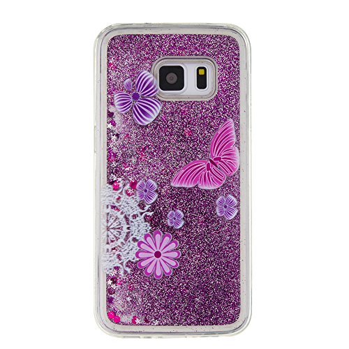 für Samsung Galaxy S7 Hülle,SKYXD Glitzer Flüssig Wasser Kreativ Design Weiche Silikon Gel Gummi [Nicht Hard Case] Brillianter Leichtes Glatt Schutzhülle mit [Handyanhänger + Eingabestifte] Handy Tasche Hülle Etui für Samsung Galaxy S7 Soft Shine Bling Glitter Liquid Water Folie Case Back Cover With Touch Pen Dust Plug – Violett Treibsand Sparkle mit Rosa Schmetterling Muster - 2