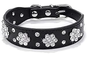 haoyueer Obroża dla psa ze strasu, uroczy kwiat kryształ górski obroża dla kota psa błyskotka obroża ze skóry PU regulowane rozmiary małe średnie duże (M, czarne)