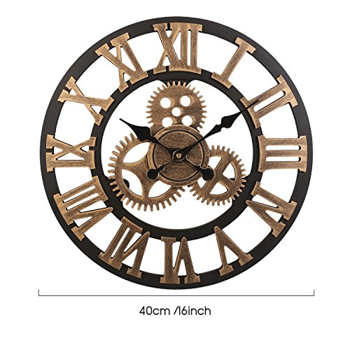 SOLEDI Wanduhr Europäische Vintage Handarbeit 3D Dekorative Zahnrad aus Holz (Farbe Kupfer) - 5