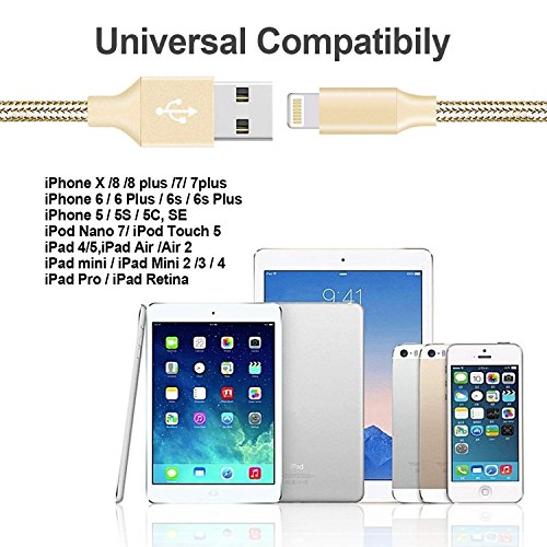 Youer C  ble iPhone 2M   Pack de 3  C  ble Lightning vers USB Chargeur iPhone en Nylon avec Aluminium Connecteur pour iPhone X 8 8 Plus 7 7 Plus 6s 6s Plus 6 6 Plus SE 5C 5S 5 iPad iPad Pro  Or 