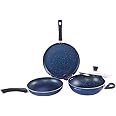 Wonderchef Galaxy Cookware 4 Piece Set | Kadhai with Lid, Fry Pan, Dosa Tawa | Induction Friendly | Cool Touch Bakelite Handles | Pure Grade Aluminium| PFOA Free| 2 Years Warranty | Midnight Blue
