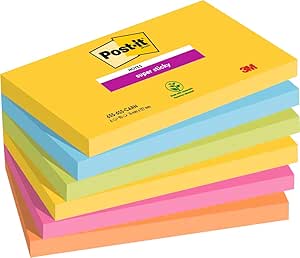 Post-it Foglietti Super Sticky, Collezione Carnival, Confezione da 6 blocchetti, 90 Fogli/blocco, 76mm x 127mm, Colori Giallo, Azzurro, Verde, Rosa, Arancione, per Appunti, Elenchi & Promemoria