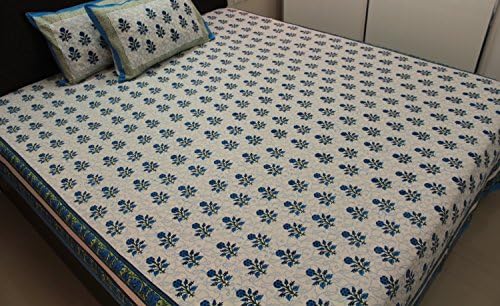 Indian Cotton Hand Block Printed Bed Sheets Pillowcases Set White Blue King Queen Full Natural Dyed Ethnic Floral Paisley Bedspreads Bedding 88 x 105 Inches