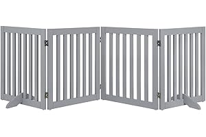 unipaws Freestanding Pet Gate, Folding Wooden Dog Gate, Indoor Barrier with 2PCS Support Feet (61cm Height, 4 Panels) Light Grey