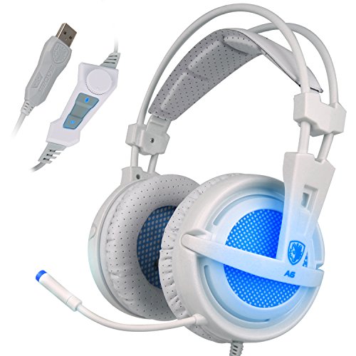 Sades A6  7 1  Surround Sonido Est  reo Pro PC Gaming Headset Auriculares con banda de alta sensibilidad con micr  fono Conector USB Over The de Ear Breat de conmutaci  n Volume Control LED de Leuchten  Color Blanco 