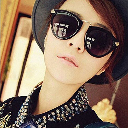 Damen Retro Sonnenbrillen Metallrahmen Süße Runde Brille Schutzbrille (Schwarz)