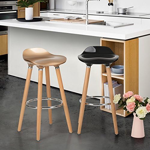 Set of 2 Barstool Mid-Century Style 32 Inch Bartool with Natural Wood Legs and ABS Painted Seat Golden
