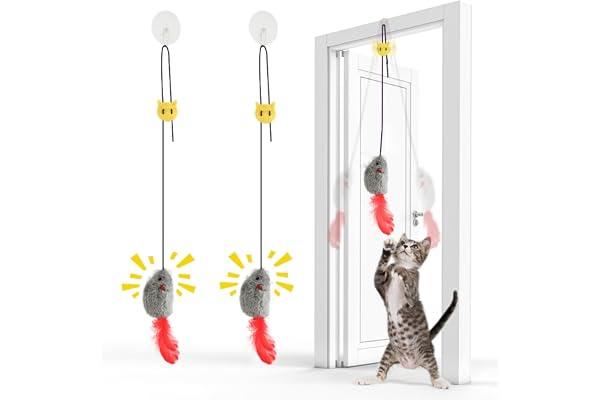 FYNIGO 2Pcs Jouet Chat Interactif Souris Suspendue avec Queue à Plumes - Souris Suspendue avec Bruit et Corde Élastique - sans Piles, Idéal pour Jeu Autonome