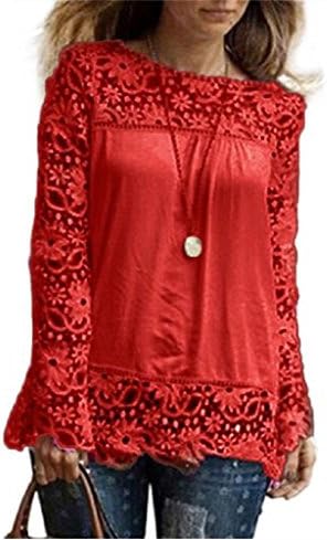 Women T-Shirt LMMVP Fashion Womens Long Sleeve Shirt Casual Lace Blouse Loose Cotton Tops (5XL, Red)