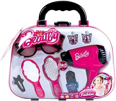 Girls Beauty Salon Set Stylish Girls Beauty Fashion Pretend Play Toy with Cosmetic Carry Case, Hairdryer, Mirror,Comb , Glasses &amp; Styling Accessories