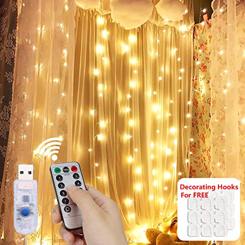 Rideau Lumineux, Fenêtre Guirlande Lumineuse Rideau prise USB 300 LED 3M*3M, 8 Modes d'éclairage, Ambiance pour Décoration Noël, Mariage, Anniversaire, Balcon, Terrasse, Chambre, Blanc Chaud
