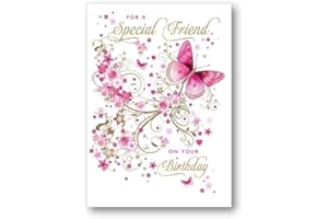 Nigel Quiney Special Friend Female Birthday Card - Pink Butterfly and Flowers - Eco-Friendly and Recyclable