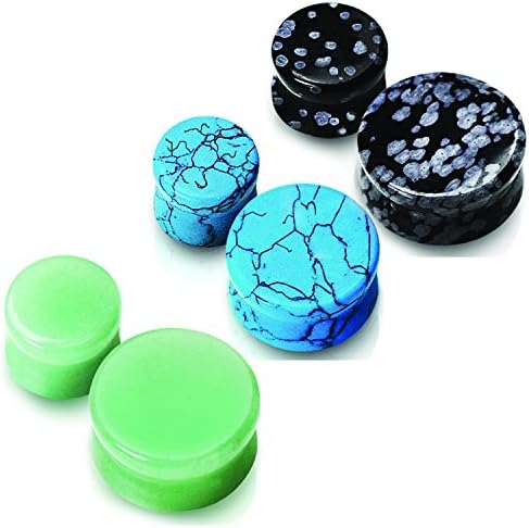 3 Pair of 5/8 (6 Total) 16mm Obsidian, Turquoise &amp; Jade Semi Precious Stone Ear Plugs Gauges